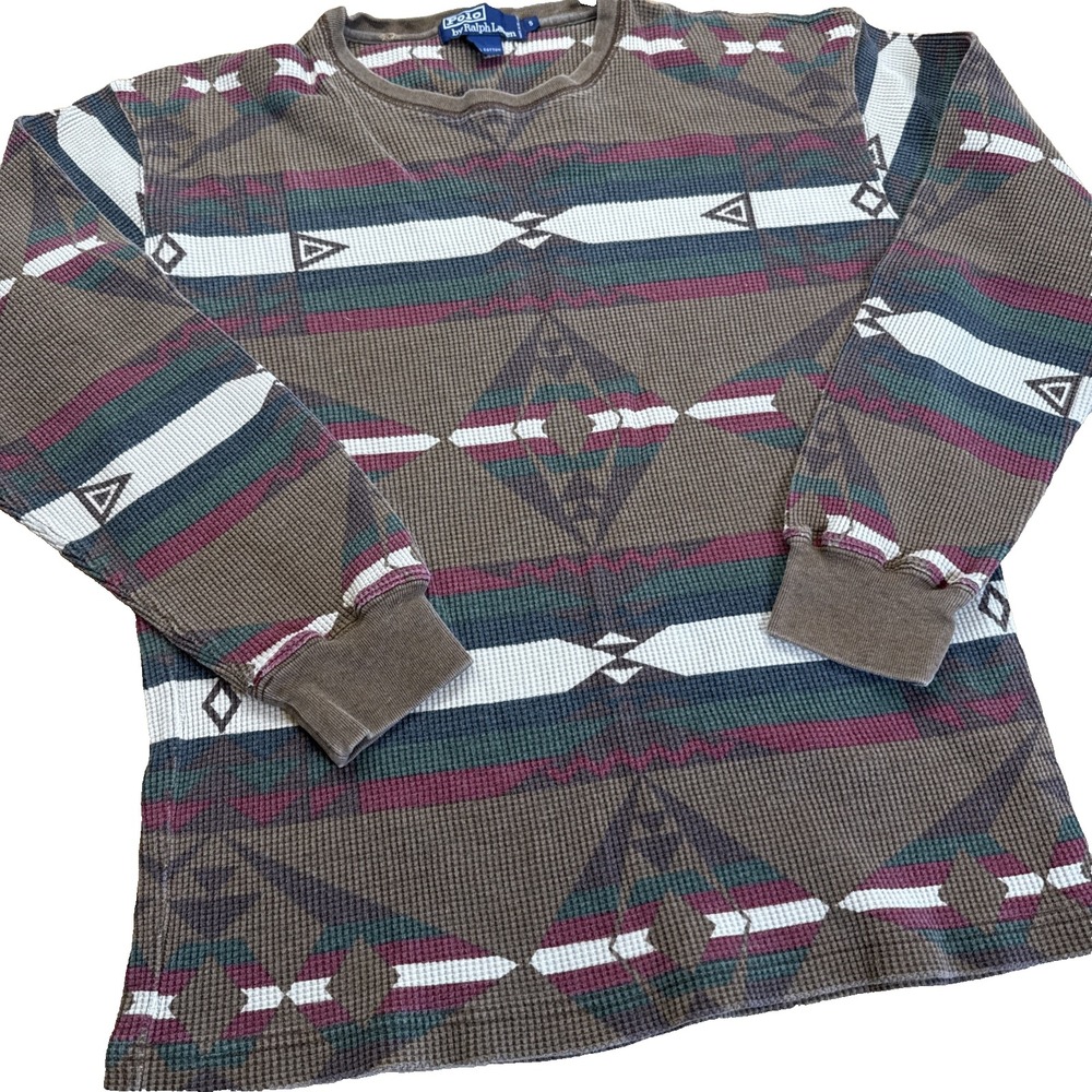 B19- Polo Ralph Lauren Women's Sm Aztec Design Long Sleeve Shirt Brown‎ Faded